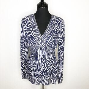Victor Costa navy white zebra stripe beaded v neck silk top size 10
